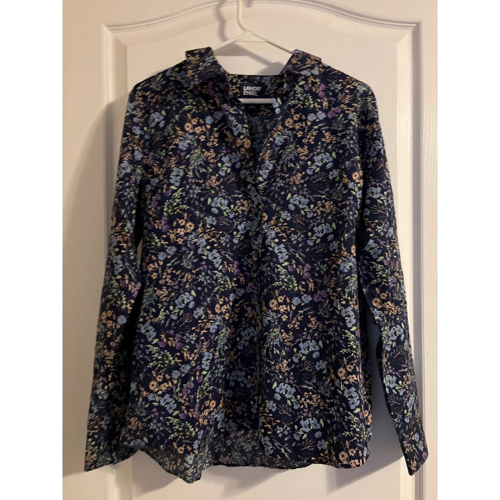 Lands' End Button Down Women 12 Navy Floral Excellent Cotton Long Sleeve Shirt